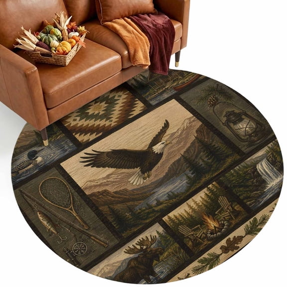 Eagle Canoe Cabin 8' Round Rugs for Open Concept Living Room Seating Zone, Rustic Mountains Forest Brown Lodge Woodland Washable Non Slip Mats Large Circle Lounge Area Area Rug