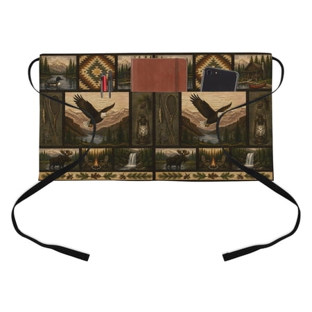 Eagle Canoe Cabin Kitchen Restaurant Half Waist Apron, Rustic Mountains Forest Brown Lodge Woodland Server Short Apron with 3 Pockets Waterproof Oil Waist Aprons for Women Waitress Waiter