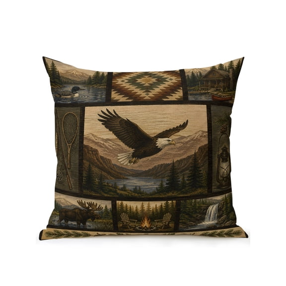 Eagle Canoe Cabin Outdoor Throw Pillow with Insert, 16"x16" Rustic Mountains Forest Brown Lodge Woodland Waterproof Decorative Square Patio Pillows for Outside Furniture, Sofa, Porch, Garden