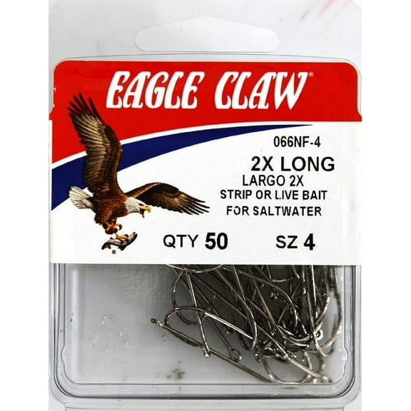 Eagle Claw 066NFH-4 2X Long Shank Offset Hook, Nickel, Size 4, 50 Pack