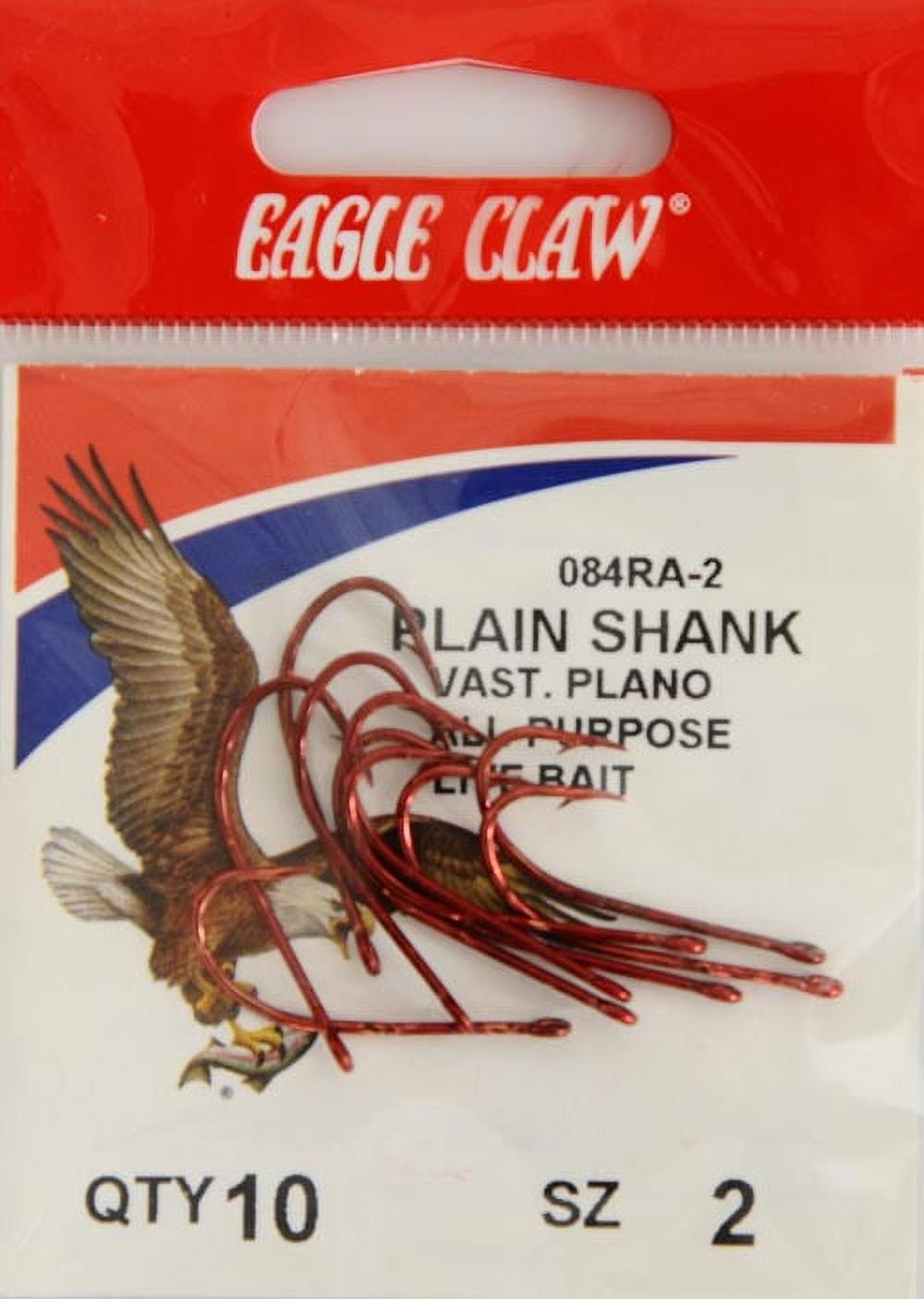 Eagle Claw 084RAH-2 Plain Shank Offset Hook, Red, Size 2, 10 Pack