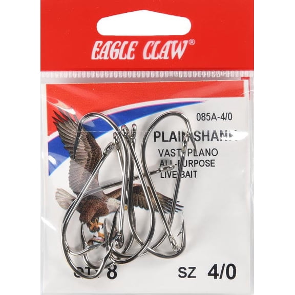 Eagle Claw 085AH-4/0 Plain Shank Hook, Nickel, Size 4/0, 8 Pack