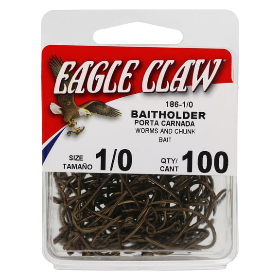Eagle Claw Straight Eye Offset Baitholder Hook, 100pk, Bronze, Size 1/0