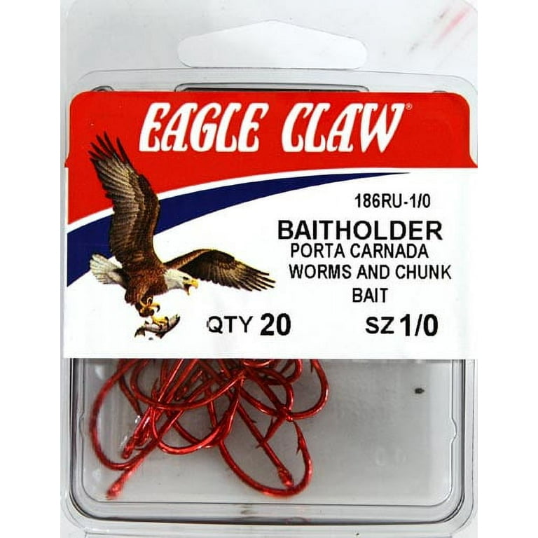 Eagle Claw 186RU3-1/0 Baitholder 2-Slice Offset Hook, Red, Size 1/0, 20 Pack  