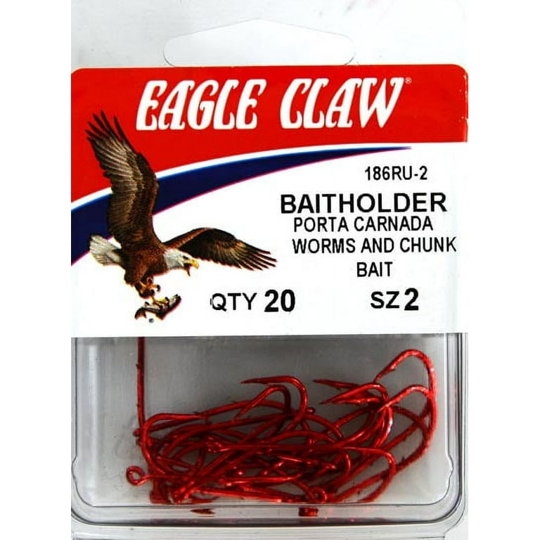 Eagle Claw 186RU3-2 Baitholder 2-Slice Offset Hook, Red, Size 2, 20 Pack 