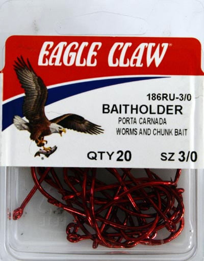 Eagle Claw 186RU3-1/0 Baitholder 2-Slice Offset Hook, Red, Size 1/0, 20  Pack 