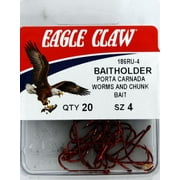 Eagle Claw 186RU3-4 Baitholder 2-Slice Offset Hook, Red, Size 4, 20 Pack