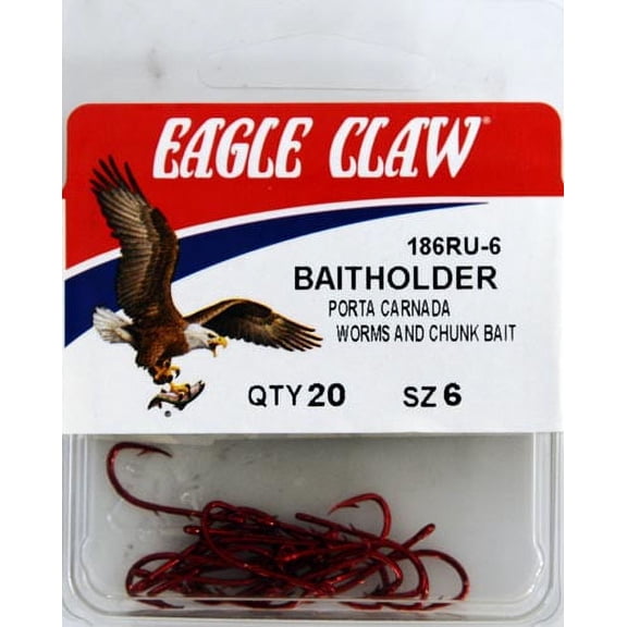 Eagle Claw 186RU3-6 Baitholder 2-Slice Offset Hook, Red, Size 6, 20 Pack
