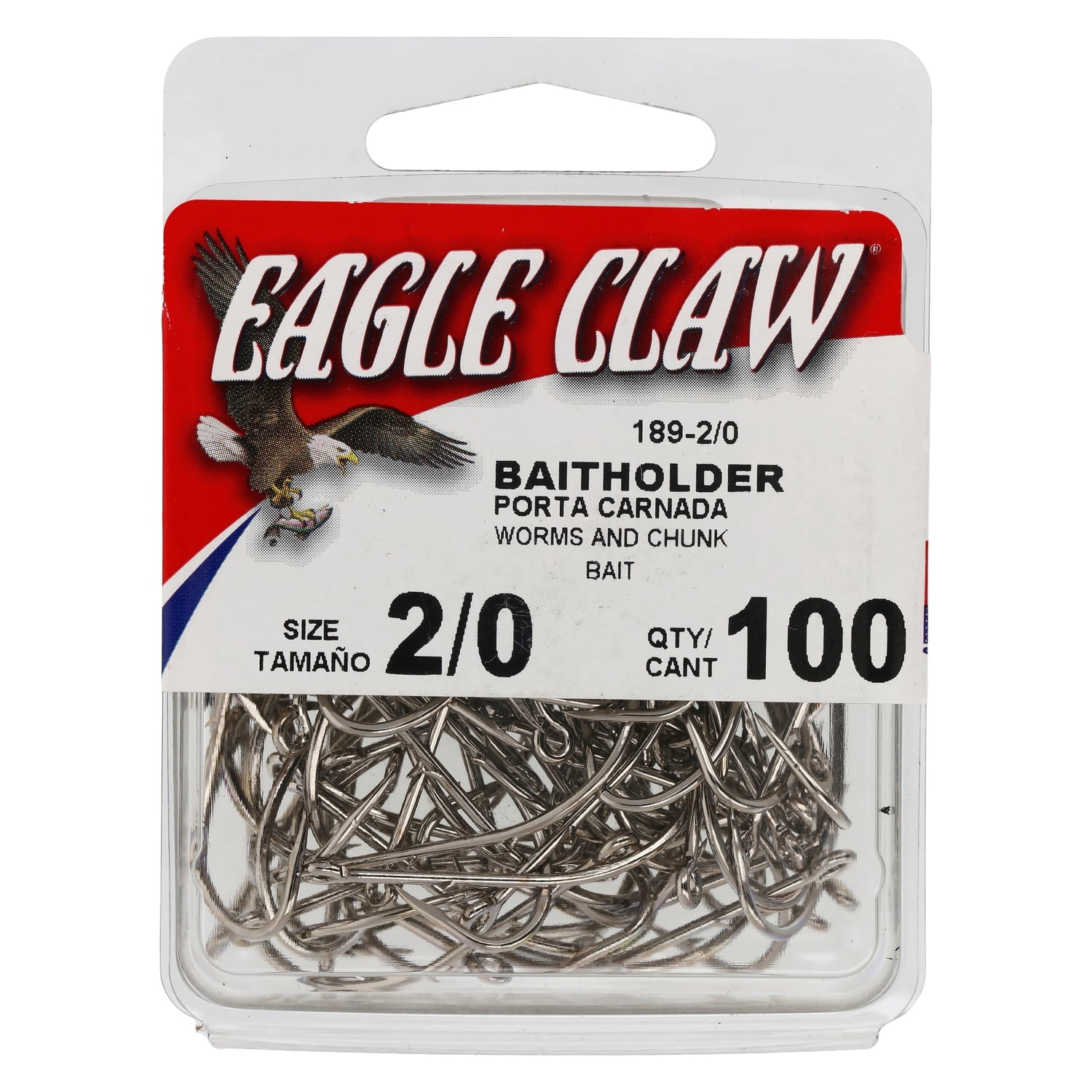 Eagle Claw Straight Eye Offset Baitholder Hook, 100pk, Nickel, Size 2/0