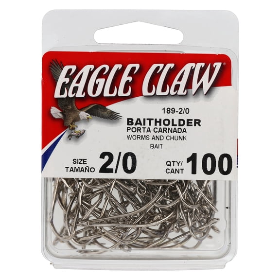 Eagle Claw Straight Eye Offset Baitholder Hook, 100pk, Nickel, Size 2/0