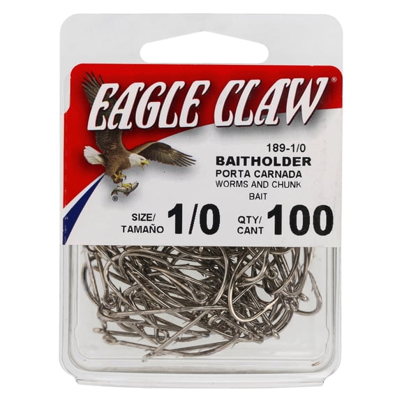 Eagle Claw Straight Eye Offset Baitholder Hook, 100pk, Nickel, Size 1/0