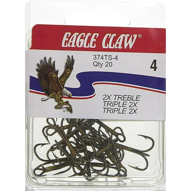Eagle Claw 2X Treble Regular Shank Curved Point Fishing Hooks, Bronze, Size  4, 20 Pack 