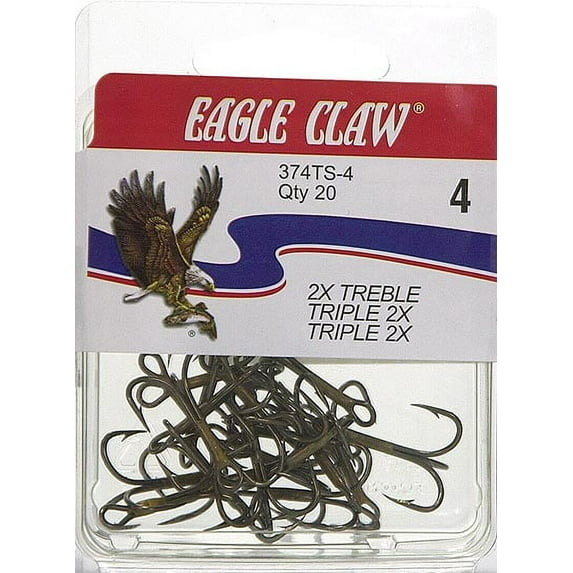 Eagle Claw 2X Treble Regular Shank Curved Point Fishing Hooks, Bronze, Size 4, 20 Pack