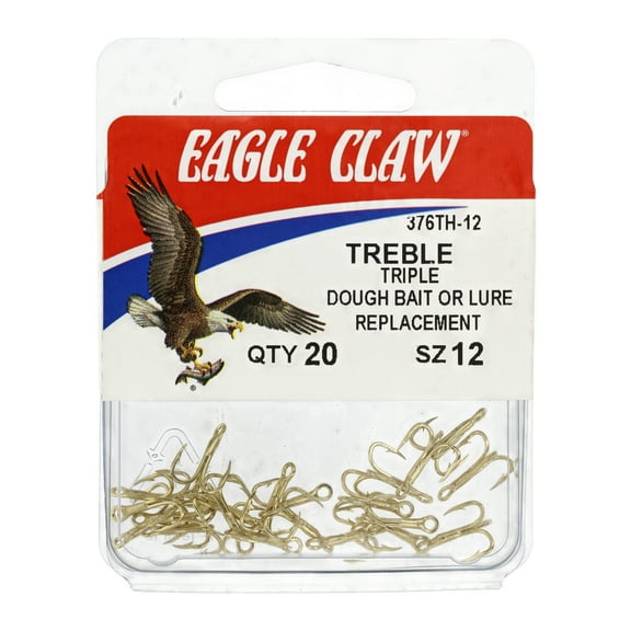 Eagle Claw 376TSH-12 2X Treble Regular Shank Curved Point Hook, Gold, Size 12