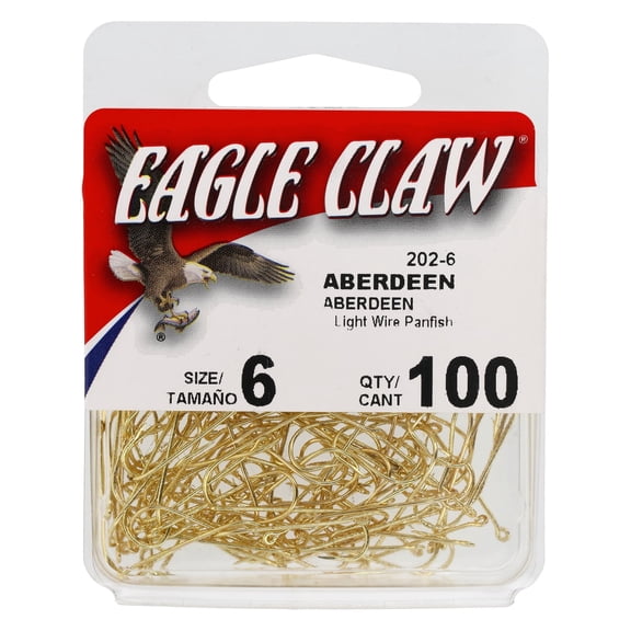 Eagle Claw Aberdeen Light Wire Non-Offset Hook, 100pk, Gold, Size 6