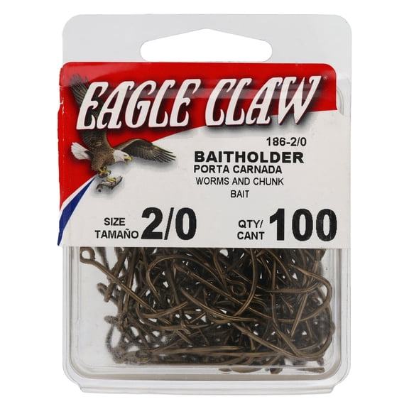 Eagle Claw Straight Eye Offset Baitholder Hook, 100pk, Bronze, Size 2/0