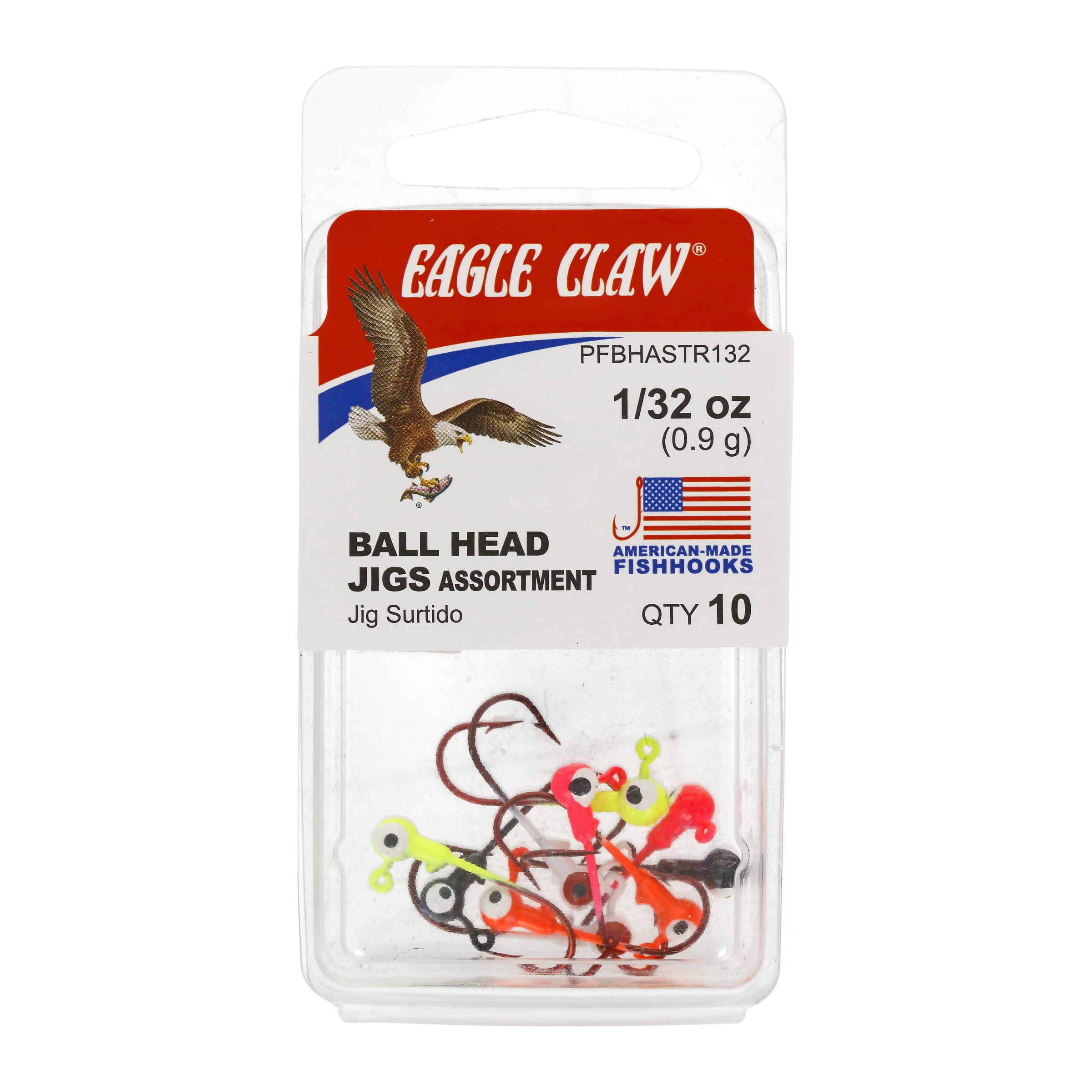 Eagle Claw 1/32 Ounce Unpainted Ball Head Jigs Assortment with Red Hook - 10 ct