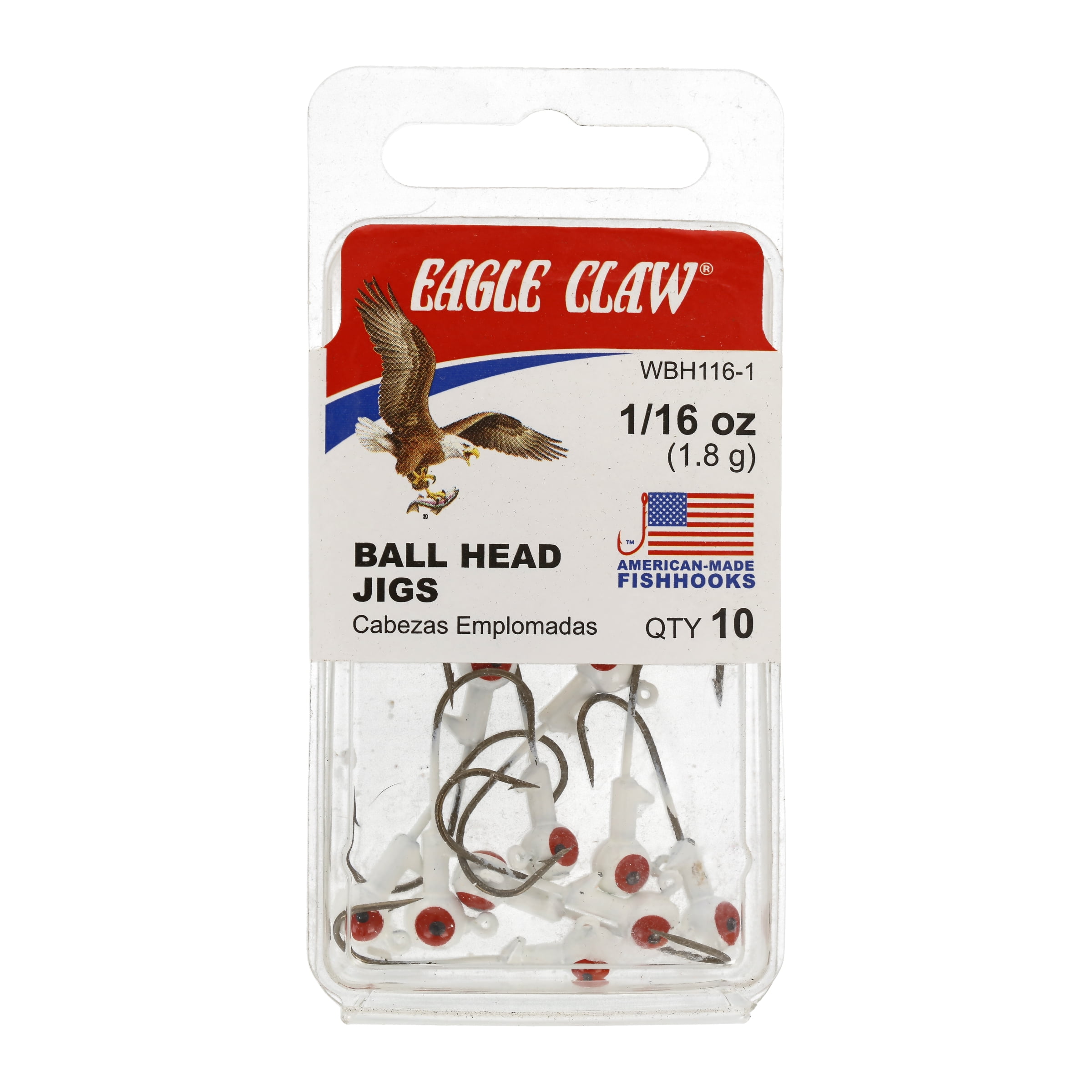 Eagle Claw Ball Head Fishing Jig, White with Red Eye, 1/16 oz., 10 Count