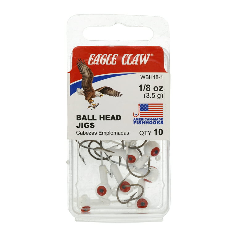 Eagle Claw Ball Head Fishing Jig, White with Red Eye, 1/8 oz., 10 Count 