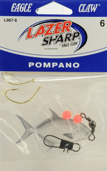 Lazer Sharp Double Hook Pompano Rig - Mono 2 Hook Rig 20" - Kahle Hooks-Size 6-Gold - Crane Swivel - Interlock Snap Swivel - Red Beads - 1 Pack