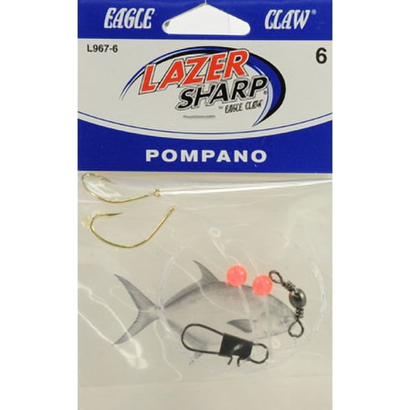 Lazer Sharp Double Hook Pompano Rig - Mono 2 Hook Rig 20" - Kahle Hooks-Size 6-Gold - Crane Swivel - Interlock Snap Swivel - Red Beads - 1 Pack