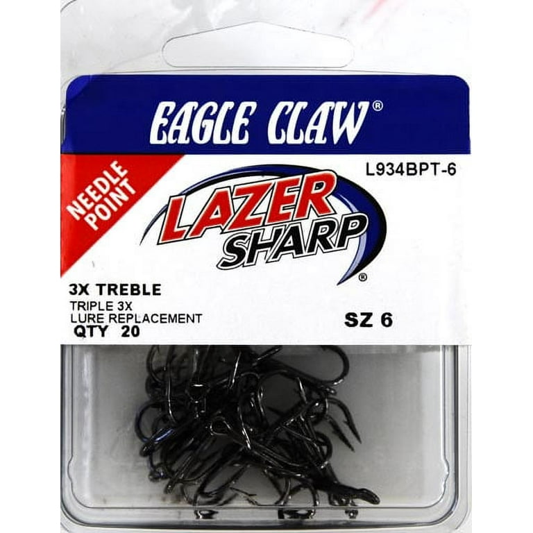Eagle Claw Lazer Sharp 3X Treble Regular Shank Round Bend Fishing Hooks,  Black, Size 6, (20 Pack)