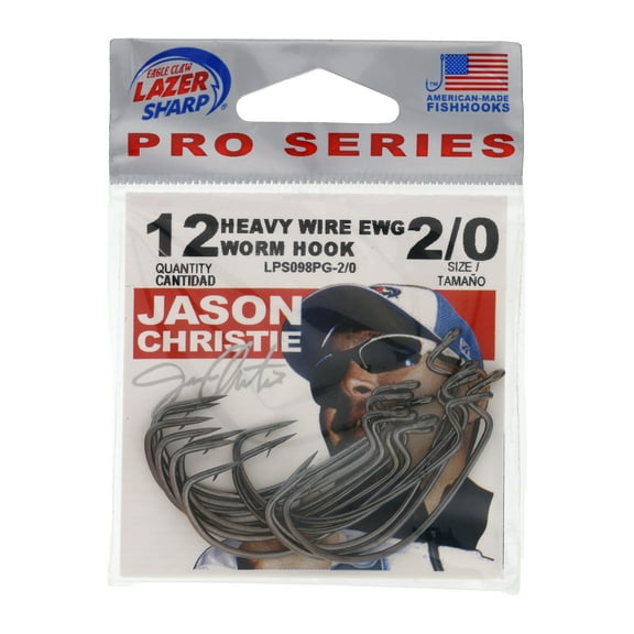 Eagle Claw Lazer Sharp Jason Christie Heavy Wire EWG Worm Fishing Hooks, Size 2/0, 12 Pack