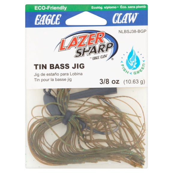Eagle Claw Lazer Sharp Tin Bass Fishing Jig Non-Lead, Black & Green, 3/8 oz.
