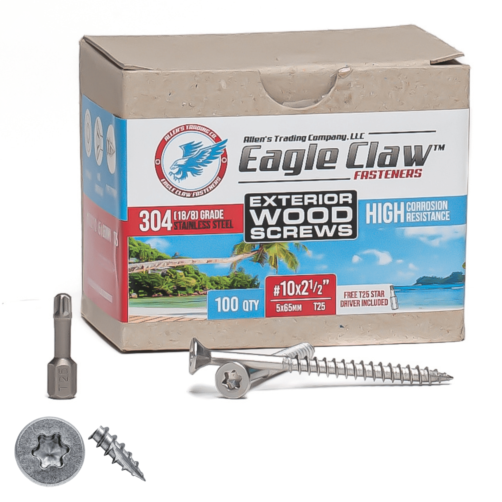 Eagle Claw Tools and Fasteners 10 x 2 1/2 inch Stainless Steel Deck Screws 100 Box T25 Star Drive Included