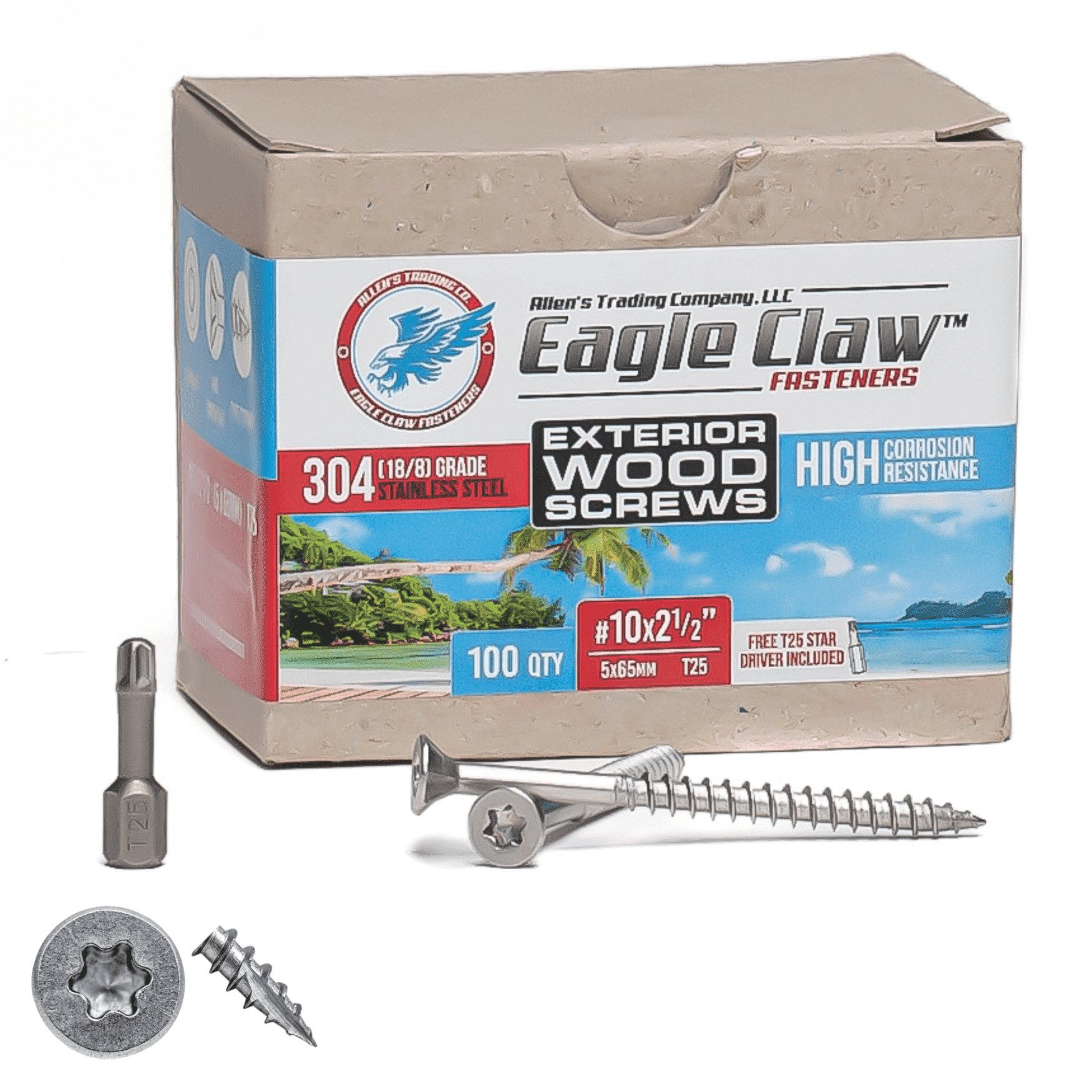 Eagle Claw Tools and Fasteners 10 x 2 1/2 inch Stainless Steel Deck Screws 100 Box T25 Star Drive Included