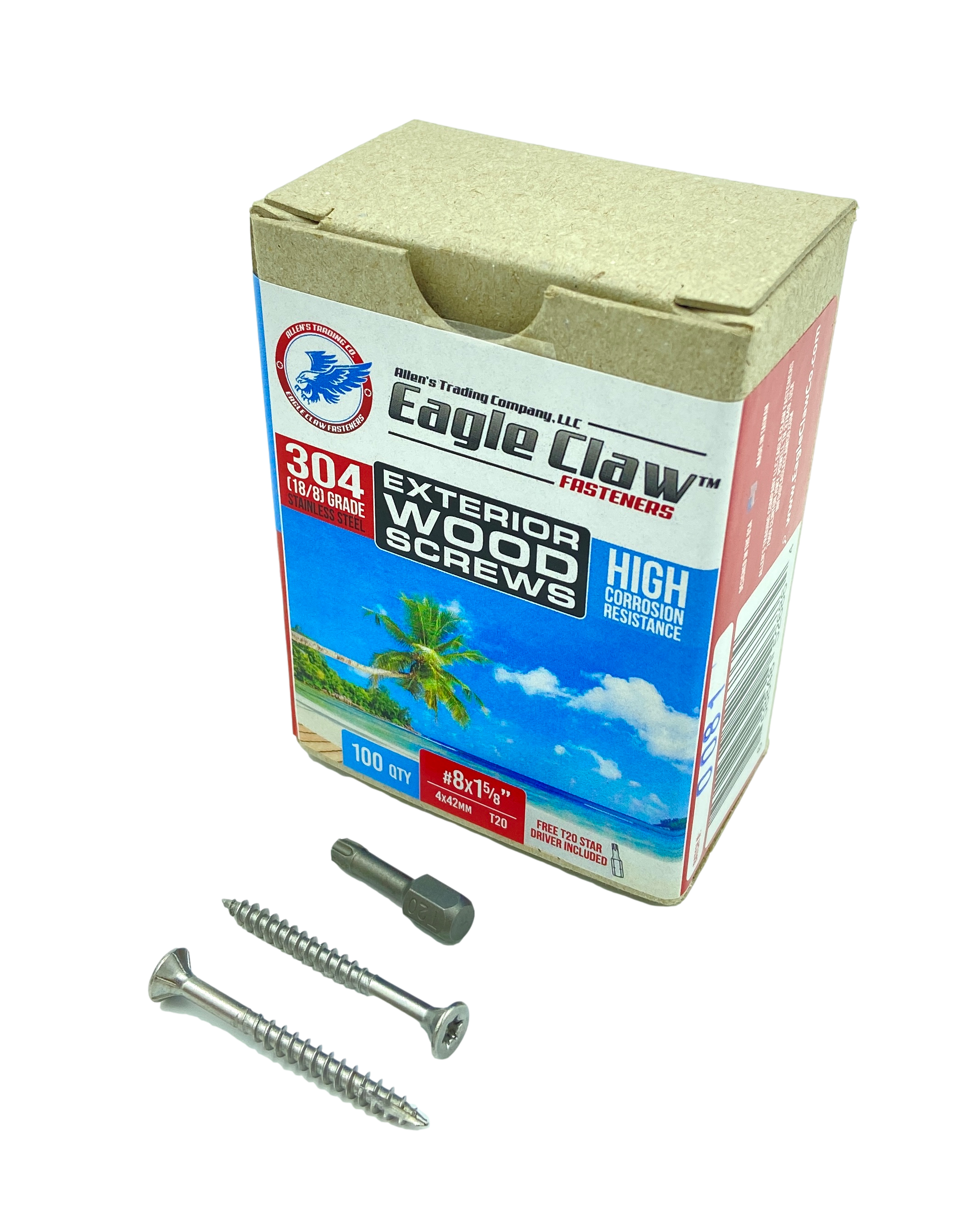 Eagle Claw Tools and Fasteners 8 x 1 5/8 Inch Stainless Steel Deck Screws 100 Box T20 Star Drive Included