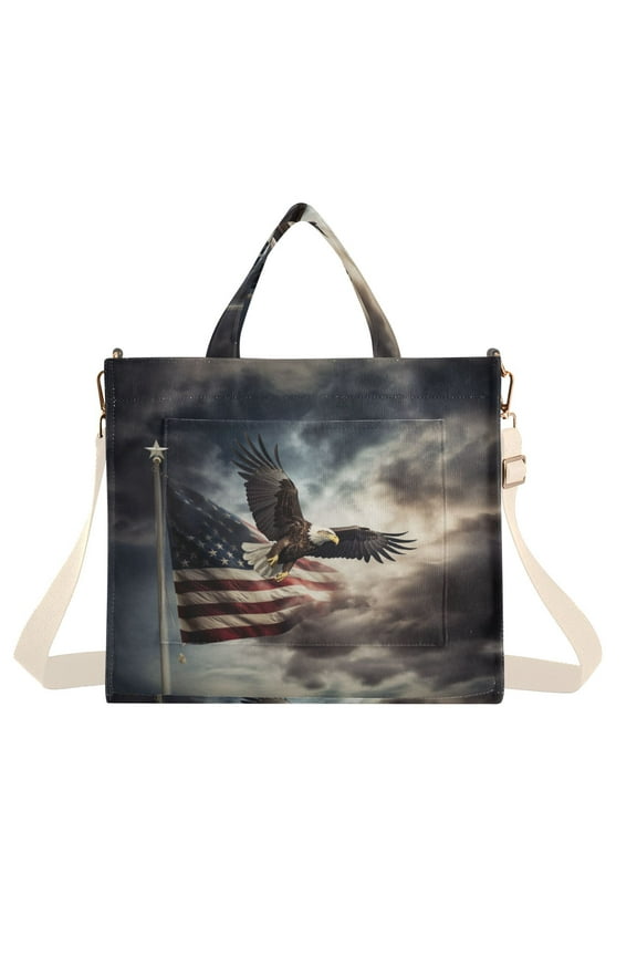 Eagle Clouds and American Flags Corduroy Tote Bag Handbag Large Messenger Bag Shoulder Crossbody Zipper Bag Purse