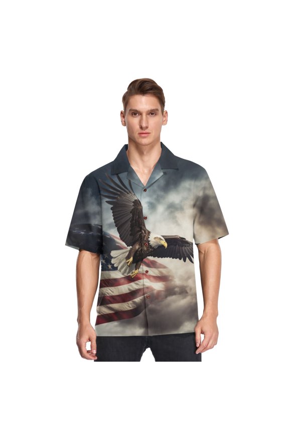 Eagle Clouds and American Flags Men's Hawaiian Wrinkle Free Button Down Short Sleeve Shirt Casual Shirts Beach Shirts