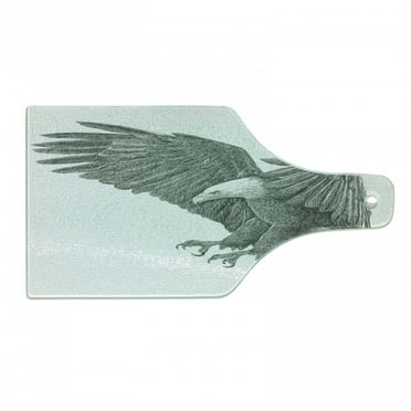 Eagle Cutting Board, Monochrome Pencil Drawing Style Bird Detailed Features Wild Nature, Decorative Tempered Glass Cutting and Serving Board, Wine Bottle Shape, Black Grey White, by Ambesonne