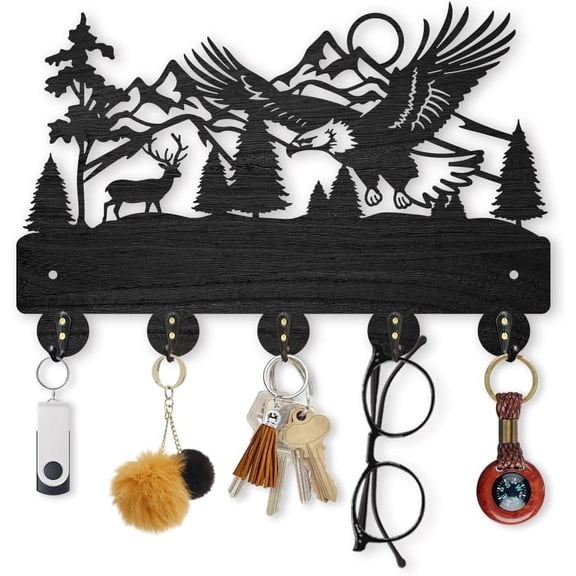 Eagle Deer Forest Coat Hooks Wall Mounted 11.87.9inch Black Wooden Eagle Key Holder for Wall 5 Alloy Hooks Wall Art Decor Deer Hangers for Towel Key Kitchen Bedroom Entryway Gifts Making DIY