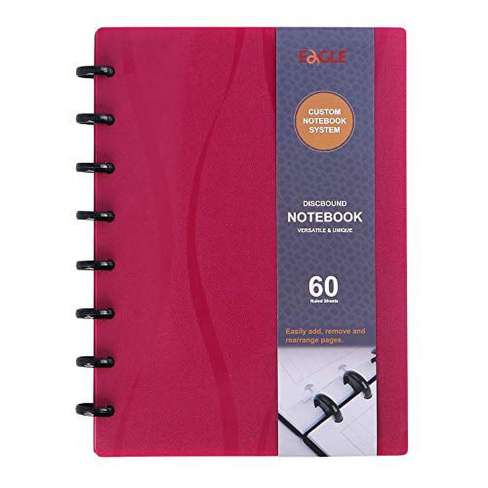 Eagle Discbound Notebook, Customizable Notebook, Junior Size, Poly Cover, 60 Sheets Ruled /Lined Pages (Red)