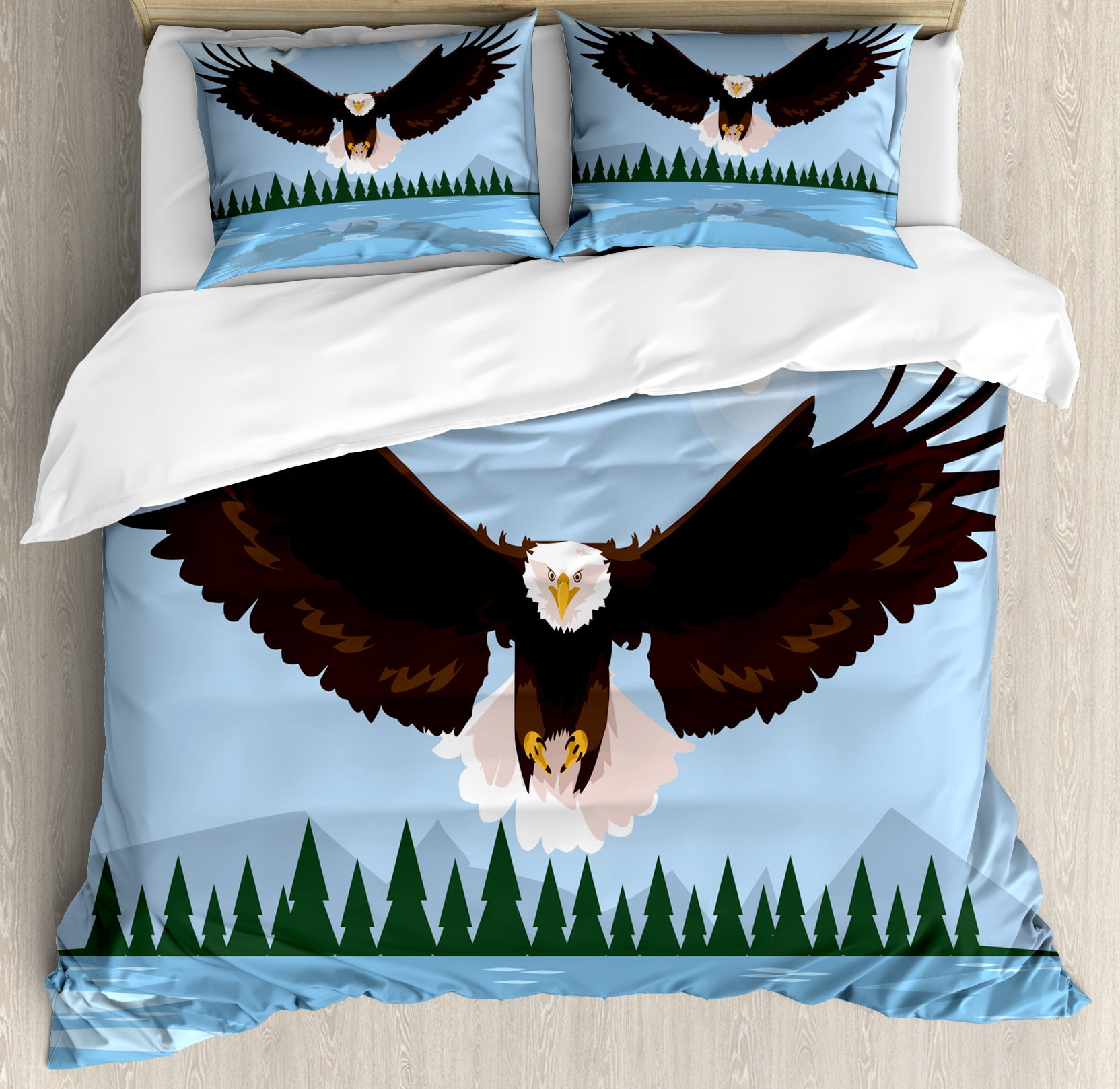 Eagle Duvet Cover Set, American National Bald Falcon Bird Landscape