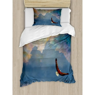 Eagle Duvet Cover Set Twin Size, Majestic Huge Bird Flying above the Sea into the Starry Sky Freedom Themed Image, Decorative 2 Piece Bedding Set with 1 Pillow Sham, Multicolor, by Ambesonne