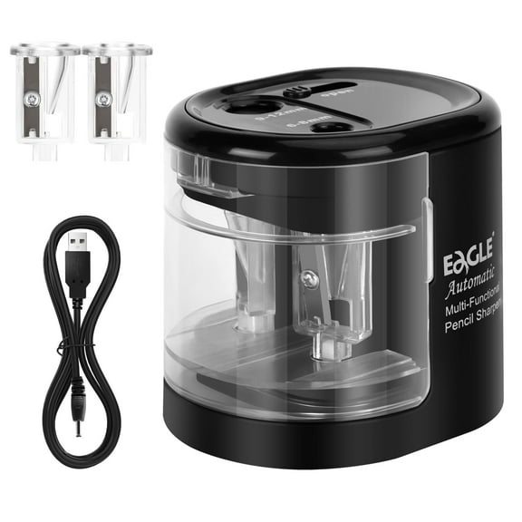 Eagle Electric Pencil Sharpener, Battery or USB Operated, Dual Holes, Dual Blades, 1 USB Cord Included, Fit for Pencils of Size 6-8mm and 9-12mm (Black)