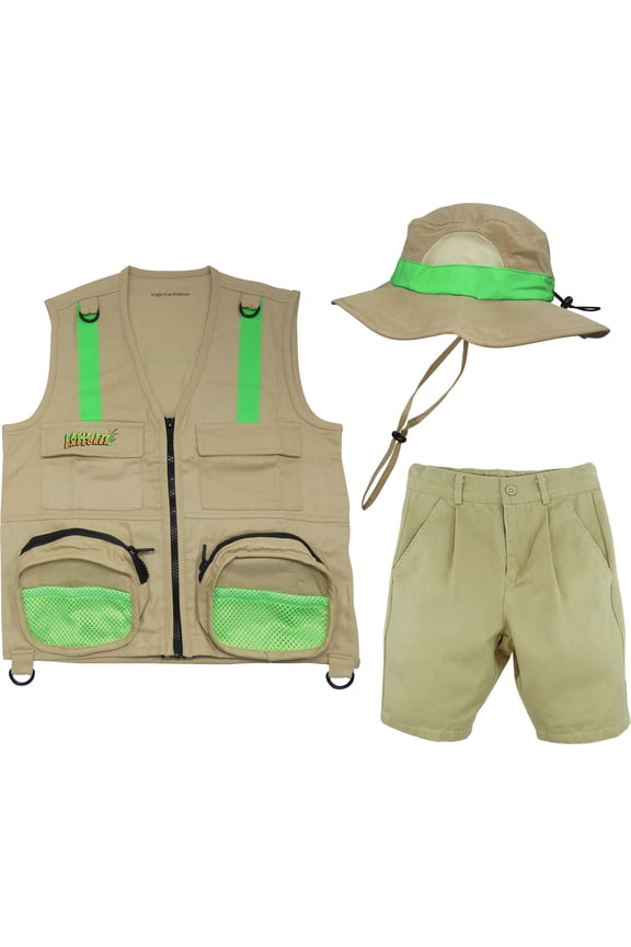 Combo Set: Chino Shorts, Sun Hat & Cargo Vest for Boys and Girls. Khaki Tan. Small/Medium. Fits 5-6.