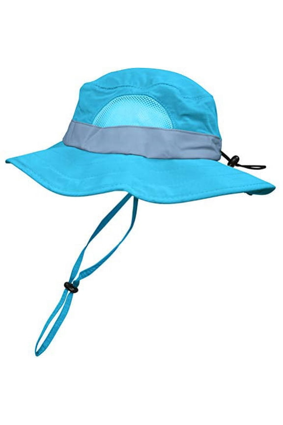 Kids Safari Floppy Bucket Hat Backyard Outdoor Adventure for Boys & Girls. Sure Fit Adjustable Head Band, Wide Brim, Hat Band, Chin Strap & Large Mesh Ventilation Panels. Blue S/M