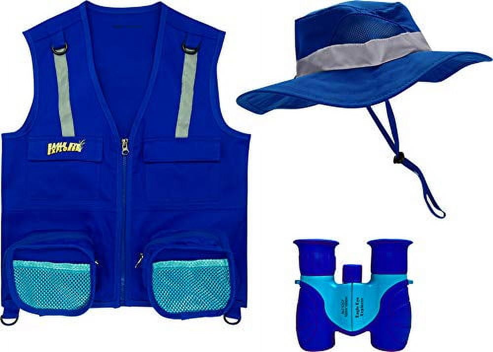 Eagle Eye Explorer Multi-Piece Set Cargo Vest with Reflective Safety Straps, 1 8x21 Magnification Binoculars and Safari Hat for Boys and Girls (Small/Medium, Dark Blue Vest, Hat Binoculars)