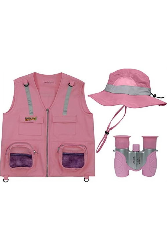Multi-Piece Set Cargo Vest with Reflective Safety Straps, 1 8x21 Magnification Binoculars and Safari Hat for Boys and Girls (X-Small, Pink Fits Ages 3-5)