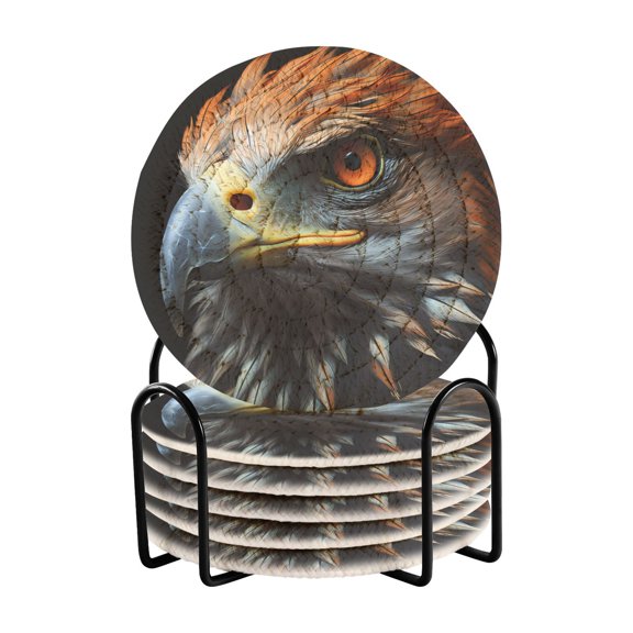 Eagle Face Front 6 Pcs Drink Coasters with Holder Absorbent Coasters Woven Coasters for Drinks Table Desk Protection Home Decor