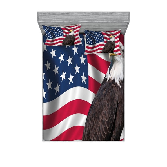 Eagle Fitted Sheet & Pillow Sham Set, American Flag a Avian Animal USA Theme Image Print Old Glory Background and Bird, Decorative Printed 6 Piece Bedding Decor Set, King, Multicolor, by Ambesonne