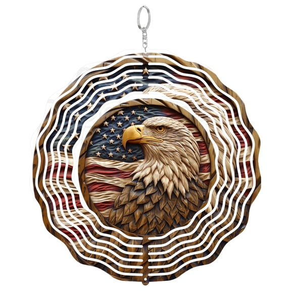 Eagle Flag Carved Wood Style 3D Wind Spinner Kinetic Hanging Garden Decor Stainless Steel