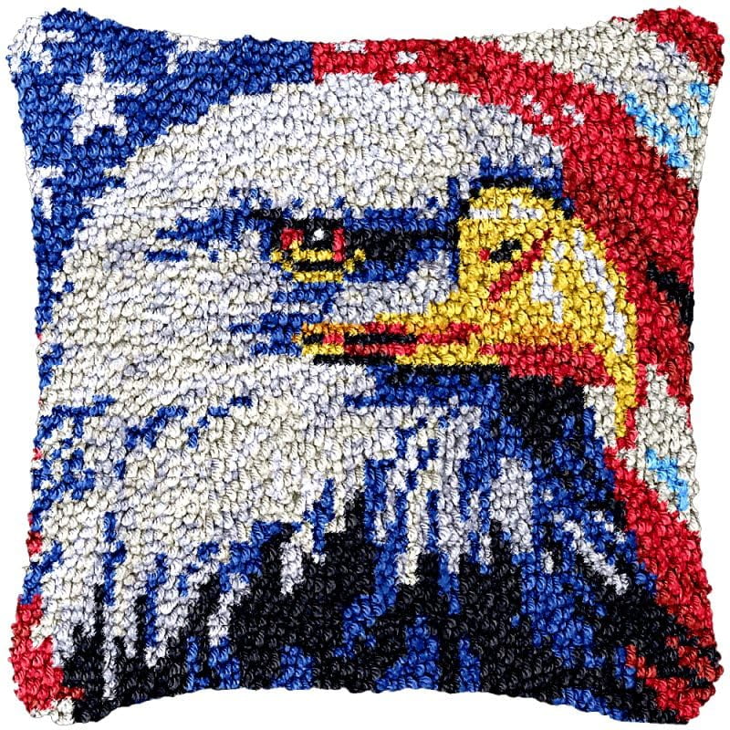 Eagle & Flag Latch Hook Pillow Cover Kits for Needlework Cushion Throw Pillow Cross Stitch Crochet Hook Pillowcase Rug Kits Printed Canvas Crochet Yarn Kits Needlework 17'' X 17''