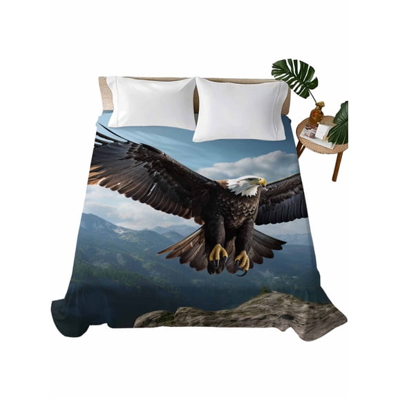 Eagle Flat Sheet Only Twin Size, Soft Breathable Bed Top Sheets for Mattress, Forest Mountains Range Sky Animal Natural Landscape Luxury Bedding Flat Sheets for Home Hotel Bedroom Bed Protection