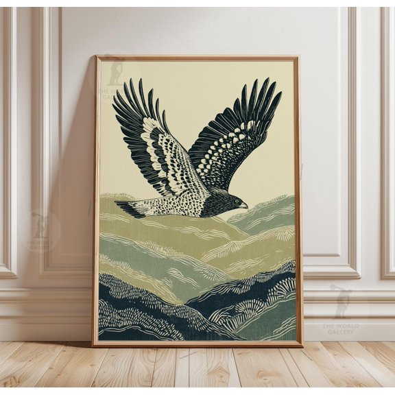 Eagle Flight Poster, Bird In Flight Print, Mountain Landscape, Vintage Style Wall Art, Poster Only