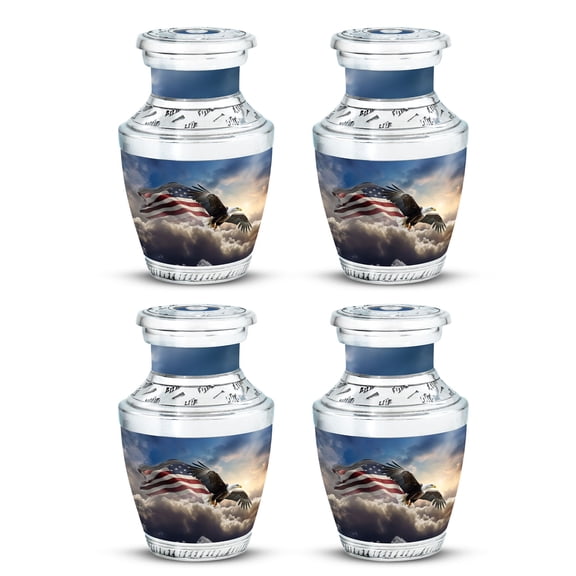 Eagle Flying In Clouds With Flag Urn For Ashes, Clouds With Flag-Themed Memorial Urns For Human Ashes Adult Female, Small Keepsake Cremation Urns For Ashes, Funeral Urns For Burial 3 Inch, 4pcs
